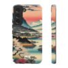 Samsung Galaxy S22 phone encased in an MVB Studio tough case featuring a Japanese landscape design, with cherry blossoms, a serene river, a traditional village, and snow-capped mountains under a sunset sky. Side view shows the case’s slim profile and button cutouts.