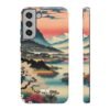 Samsung Galaxy S21 phone in an MVB Studio tough case featuring a Japanese art-inspired landscape, with cherry blossoms, a serene river, a traditional village, and snow-capped mountains under a sunset sky. Side view highlights the case’s slim profile and precise button cutouts.