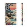 Samsung Galaxy S22 Plus phone encased in an MVB Studio tough case featuring a Japanese landscape design, with cherry blossoms, a peaceful river, a traditional village, and snow-capped mountains under a sunset sky. Side view highlights the case’s slim profile and precise button cutouts.